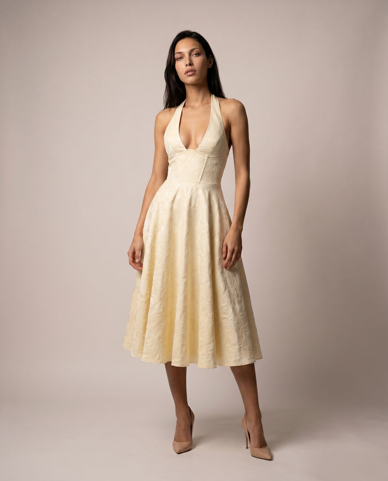 Frida – Gul Midikjole med Halterneck