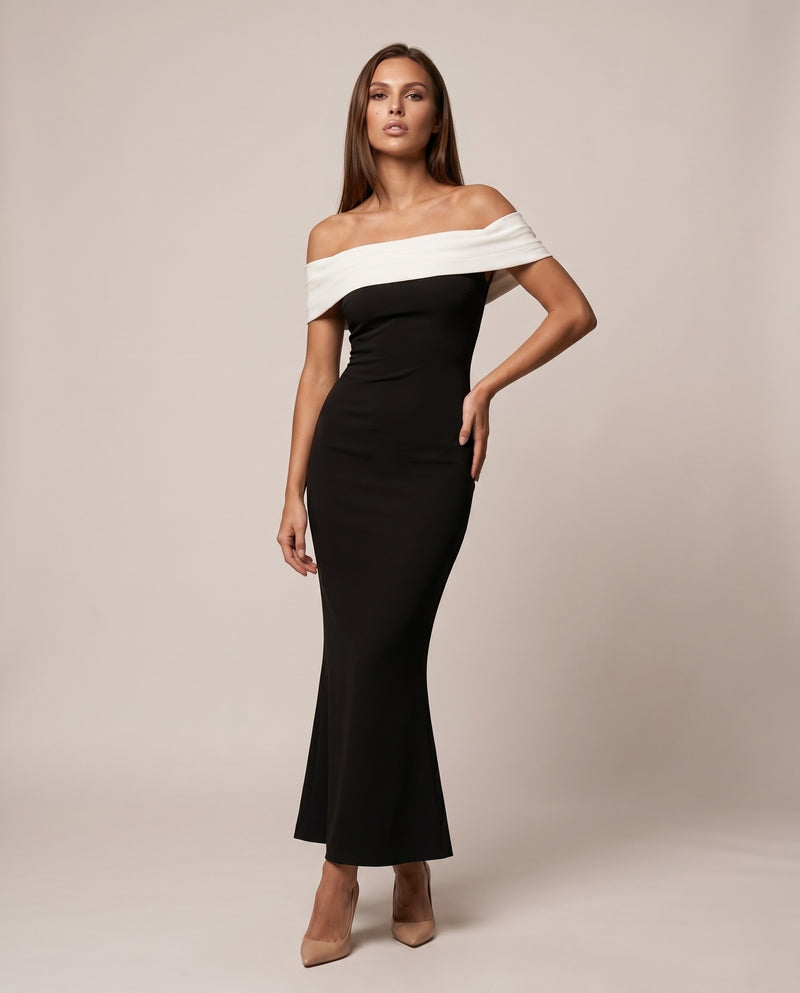 Ylva – Sort Midikjole med Off-Shoulder